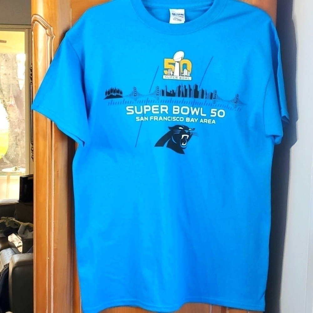 Super bowl 50, Panthers tee shirt. Tourqwise blue‎ size medium.